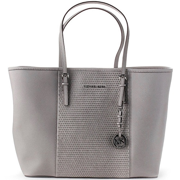 Michael Kors Handbags - Michael Kors Micro-Studded Saffiano Pearl Gray Jet Set Medium Shoulder Tote Bag.